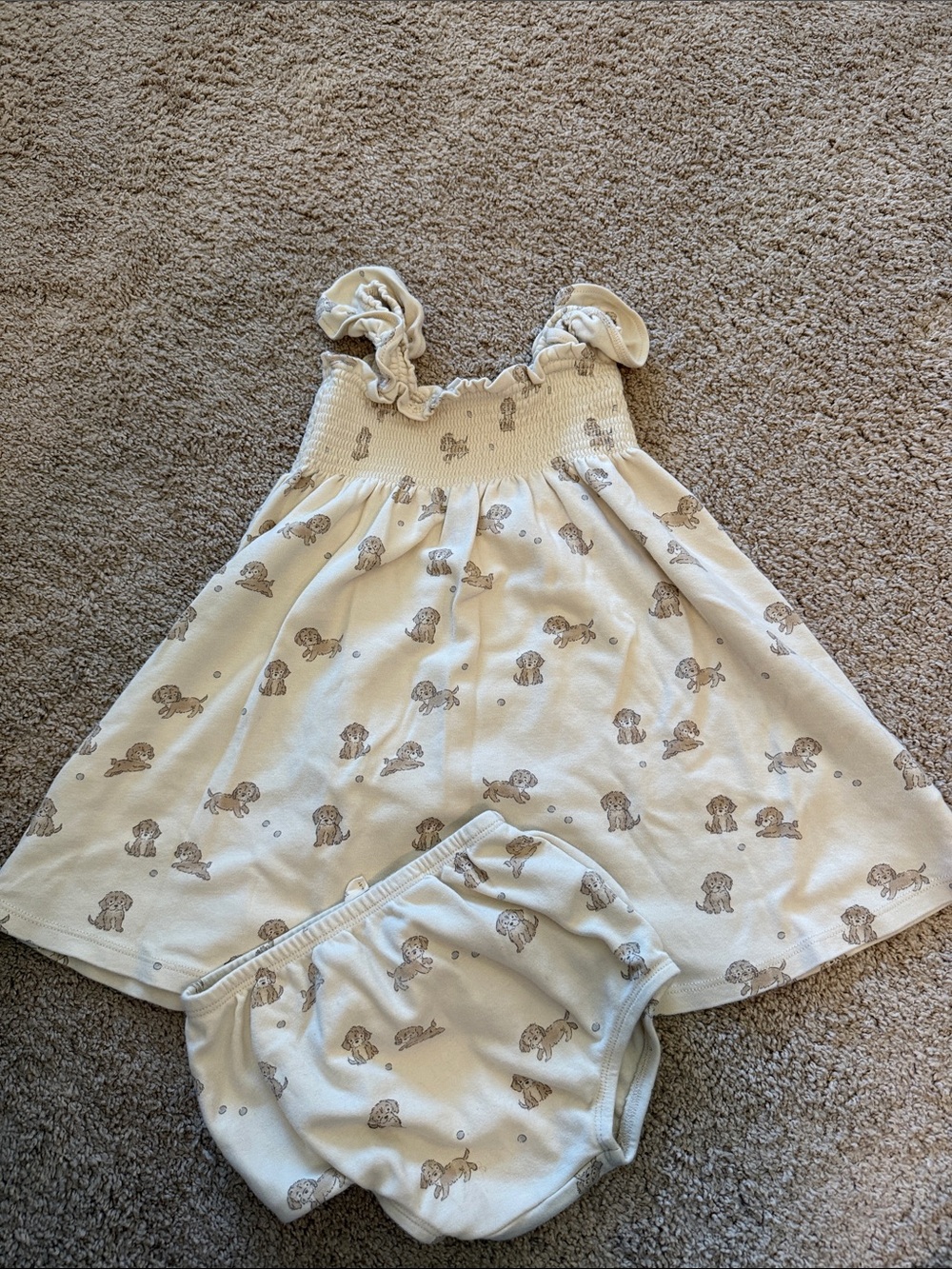 Quincy Mae Girls' Smocked Sundress & Bloomers - Neutral Puppy Print